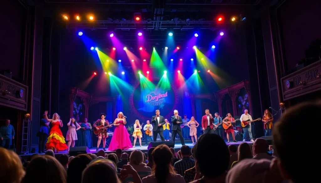 Performers on stage during a musical show at Dollywood's Celebrity Theater
