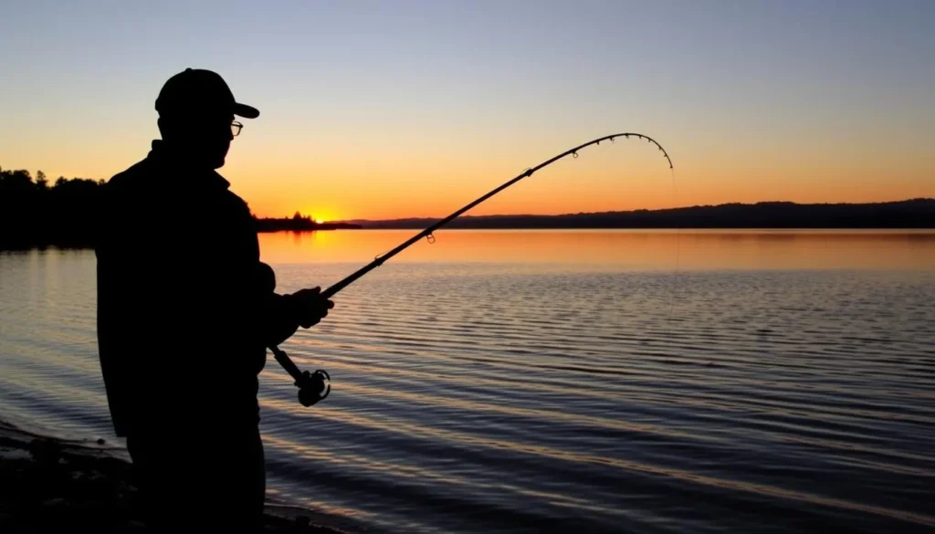 Person fishing at Lake Temescal with fishing rod at sunset