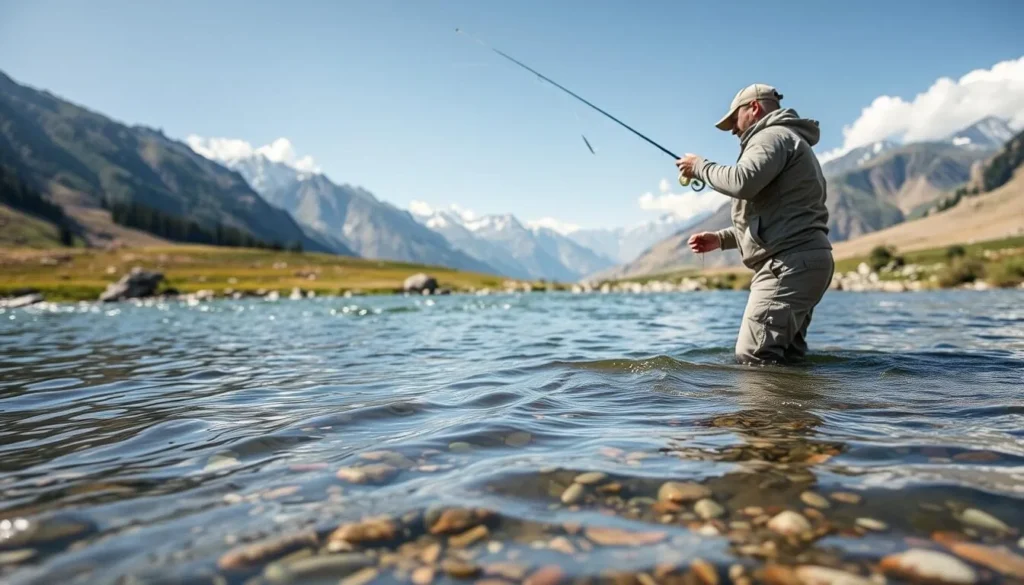 Person fishing for trout in Bara Pani river in Deosai National Park