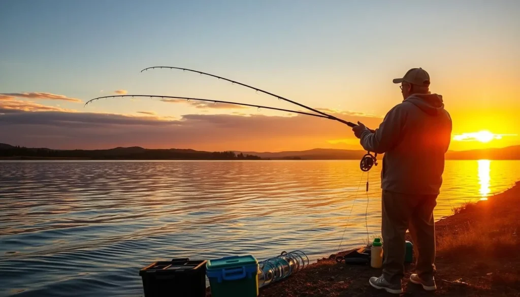 Person fishing from the shore of Folsom Lake with fishing gear and tackle box Person fishing from the shore of Folsom Lake with fishing gear and tackle box