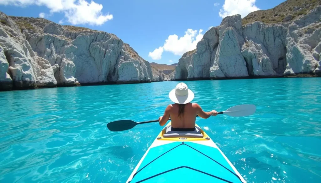 Person kayaking from Crocus Bay to Little Bay in Anguilla