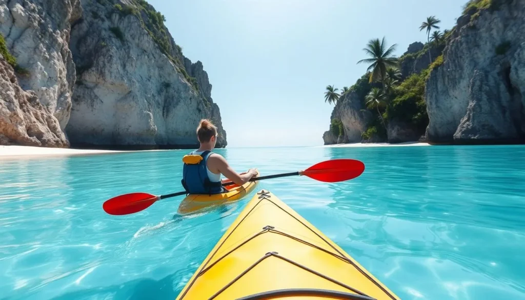 Person kayaking in clear waters around Bocot Island, Philippines Person kayaking in clear waters around Bocot Island, Philippines