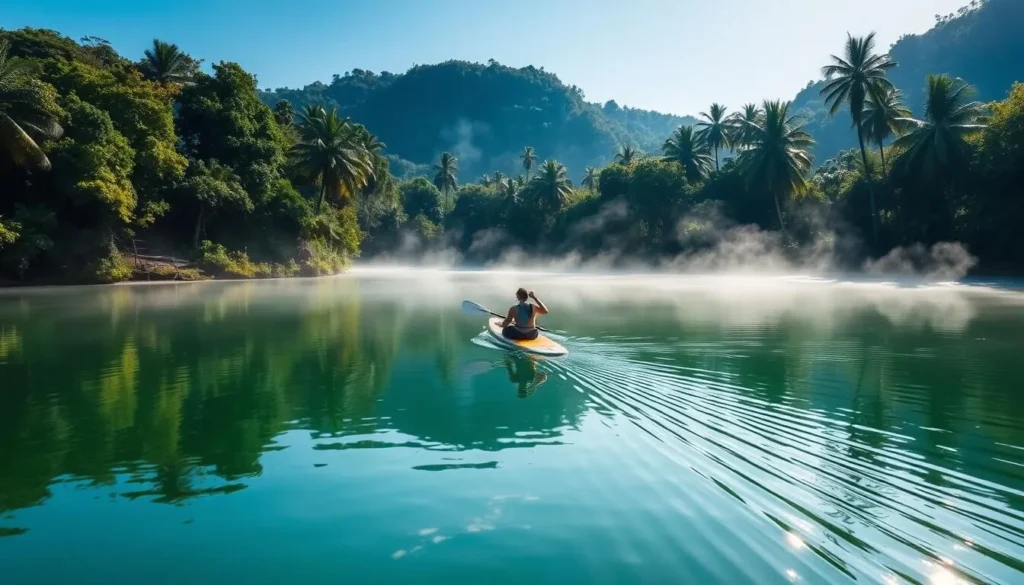 Person paddleboarding on the calm waters of Loboc River surrounded by lush greenery Person paddleboarding on the calm waters of Loboc River surrounded by lush greenery