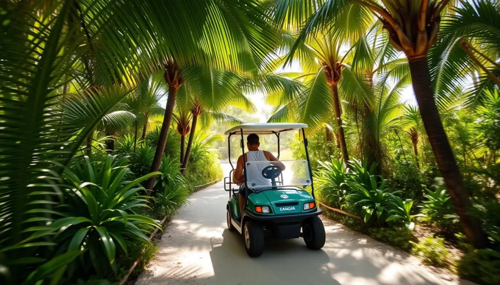 Person riding a golf cart along a tropical path on Pamalican Island Person riding a golf cart along a tropical path on Pamalican Island