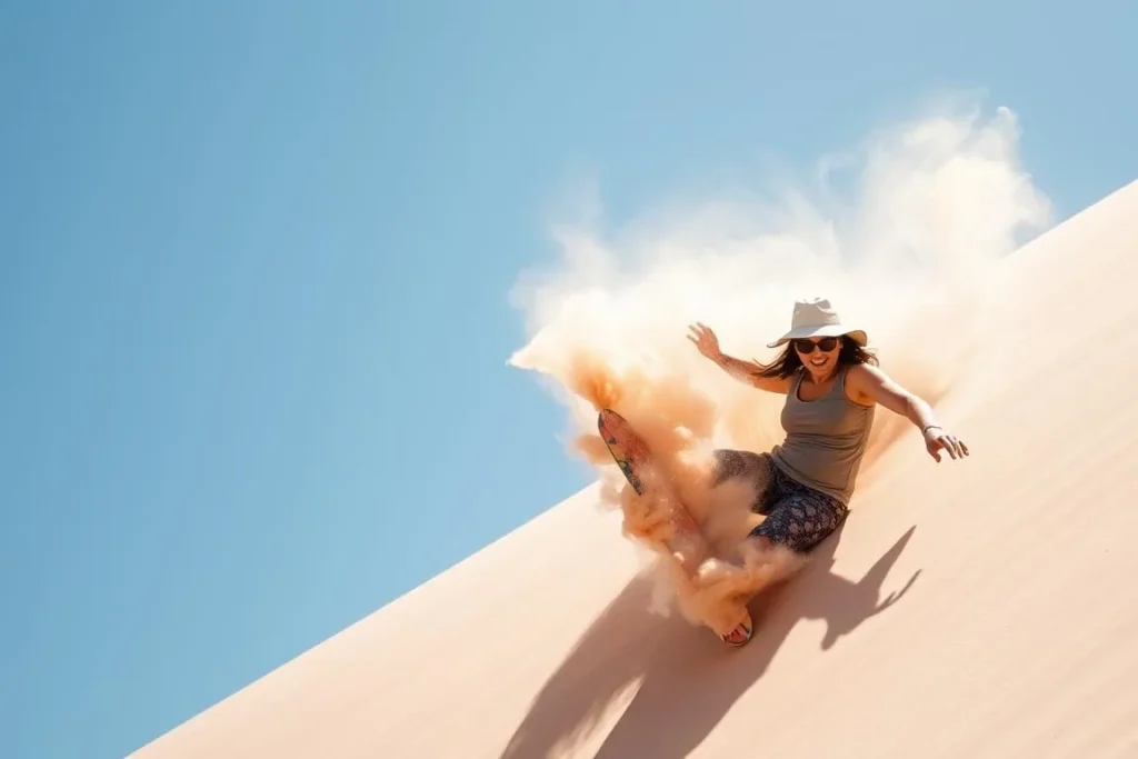 Person sandboarding down a steep dune at Coral Pink Sand Dunes State Park, Utah Person sandboarding down a steep dune at Coral Pink Sand Dunes State Park, Utah