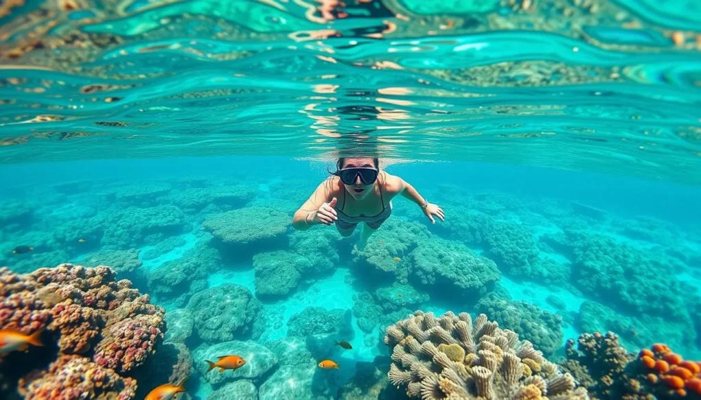 Person snorkeling over coral reef at Ida Beach, Iriomote Island