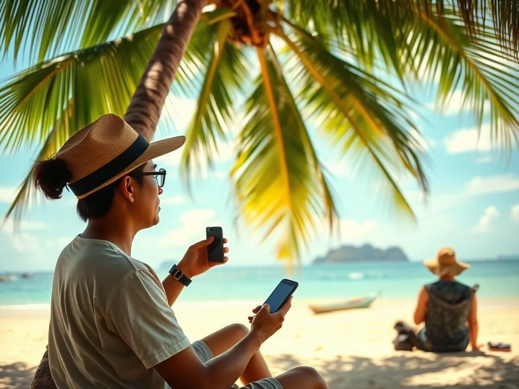 Person using mobile phone on Poro Island beach