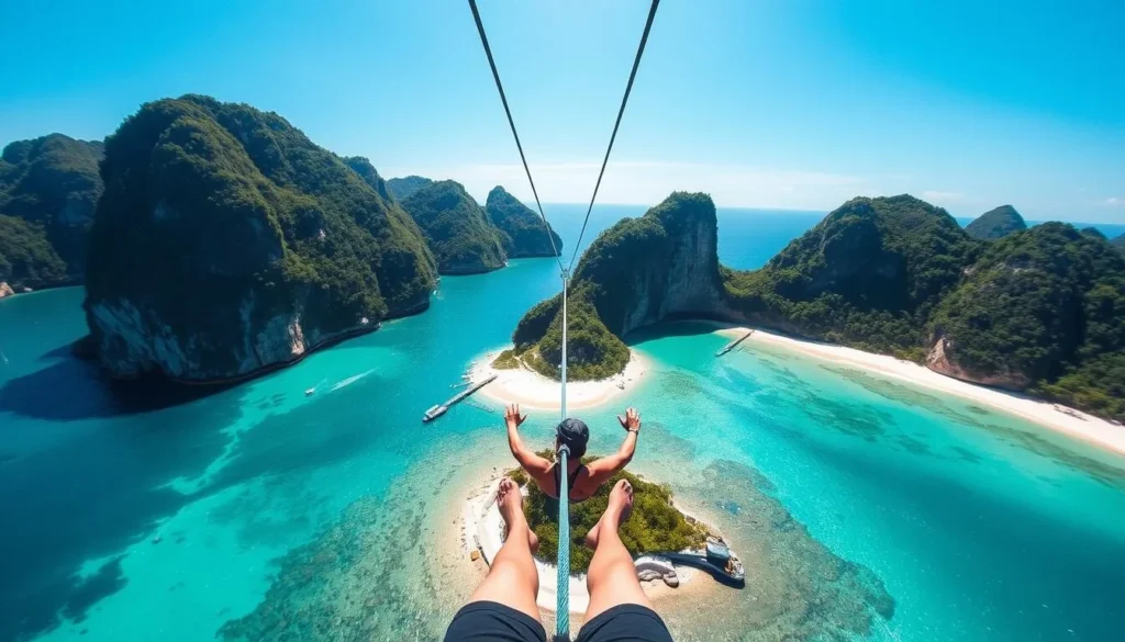 Person ziplining from Las Cabanas Beach to offshore island with panoramic views, one of the exciting things to do in El Nido, Philippines Person ziplining from Las Cabanas Beach to offshore island with panoramic views, one of the exciting things to do in El Nido, Philippines