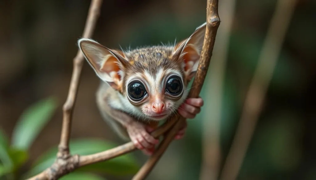 Philippine tarsier with large eyes clinging to a branch in its natural habitat