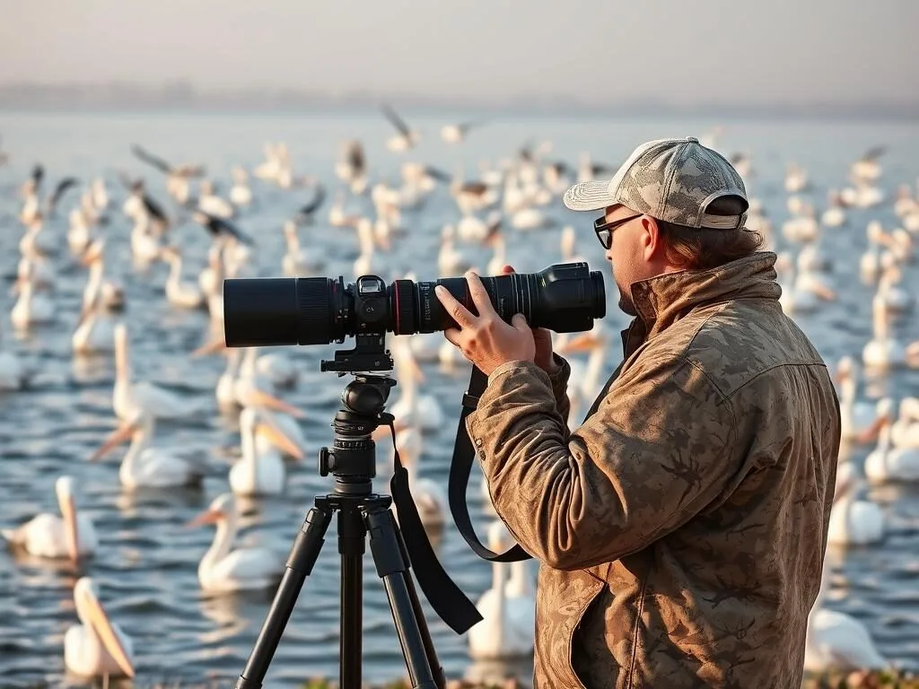 Photographer capturing images of white pelicans during fall migration at Reelfoot Lake