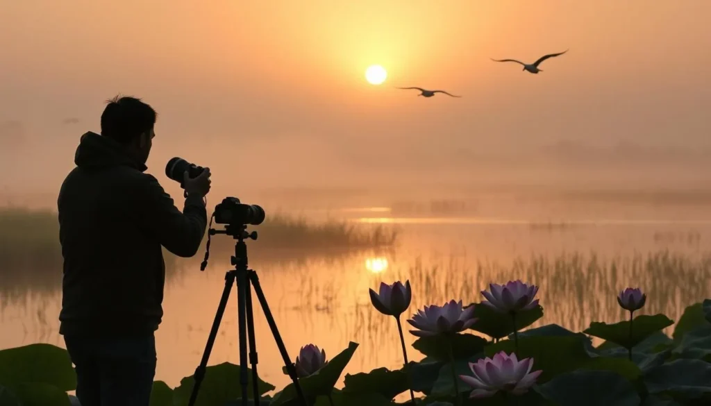 Photographer capturing sunrise over Baikka Beel wetland with birds in flight