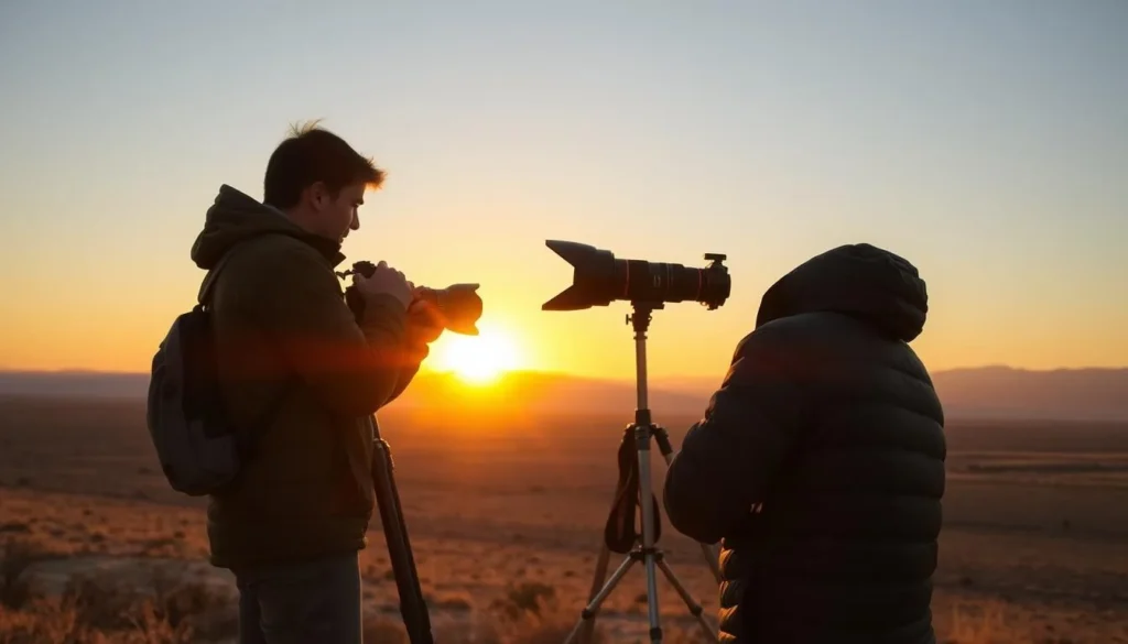 Photographer capturing sunset over Deosai Plains with professional camera