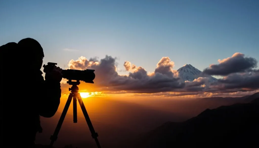 Photographer capturing sunset over Rakaposhi mountain from Eagle's Nest viewpoint