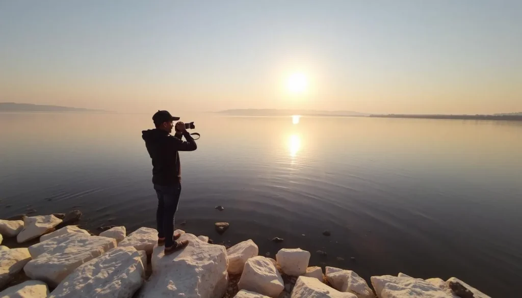Photographer capturing the scenic beauty of Bholaganj Lake during golden hour