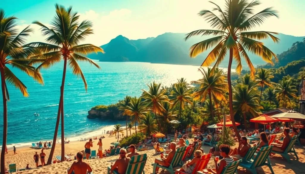 Phuket during the hot season: a vibrant coastal landscape bathed in golden sunlight. A serene beach stretches out, flanked by towering palm trees swaying in the gentle breeze. In the foreground, people lounge on colorful beach chairs, sipping tropical drinks and soaking up the warmth. The turquoise waters of the Andaman Sea sparkle, inviting swimmers to cool off. Steep, jungle-clad hills rise in the distance, creating a picturesque backdrop. The scene is infused with a sense of relaxation and laid-back island living, perfectly capturing the essence of Phuket's hot season.