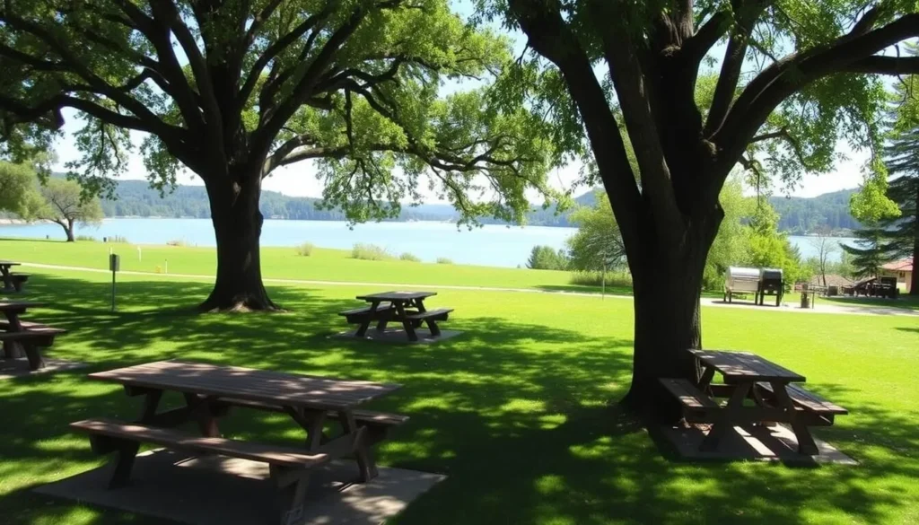 Picnic area at Lake Temescal Oakland California with tables under shade trees