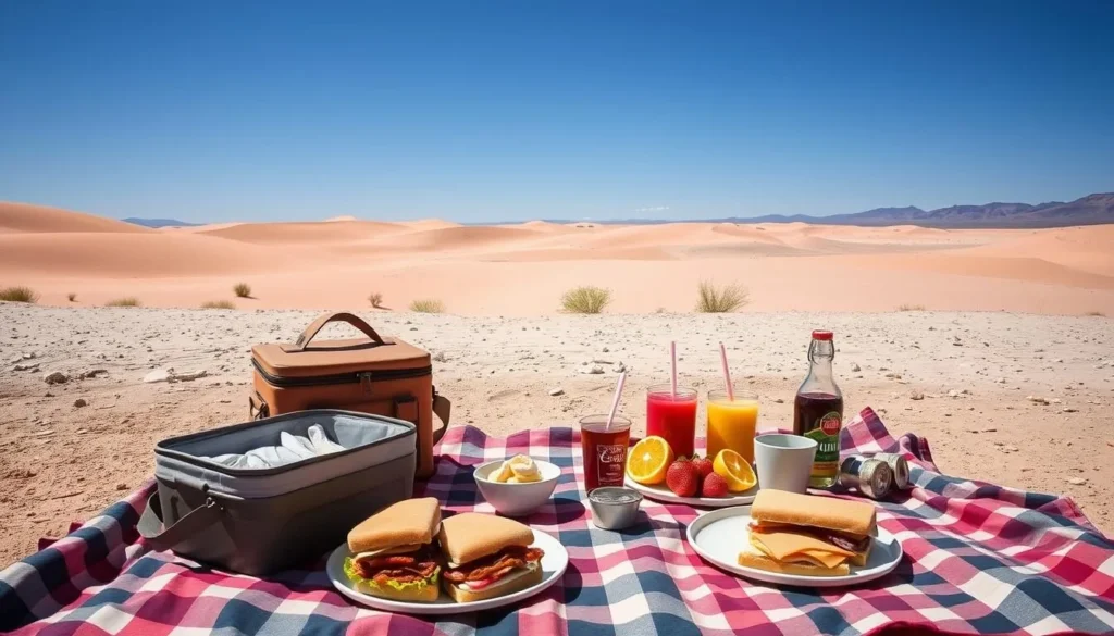Picnic setup with view of Coral Pink Sand Dunes State Park, Utah Picnic setup with view of Coral Pink Sand Dunes State Park, Utah