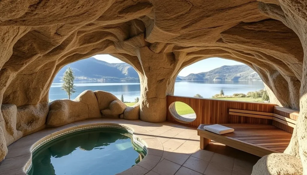 Picture a spa built into the rocks, with saunas overlooking the lake.