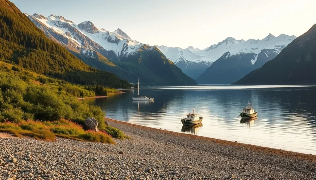 Picturesque Tysfjord landscapes under a soft, golden light. Rugged, snow-capped mountains rise majestically in the background, their peaks reflecting in the still, crystal-clear waters of the fjord. In the middle ground, lush, verdant forests cascade down the slopes, dotted with vibrant wildflowers. In the foreground, a serene, pebble-lined beach leads the eye towards the tranquil fjord, where a traditional Norwegian fishing boat gently floats. The scene exudes a sense of peace and natural harmony, perfectly capturing the best time to visit this stunning Norwegian wilderness.