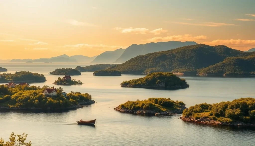 Picturesque archipelago landscape with scattered islands dotting the tranquil waters. Lush green foliage covers the gently rolling hills, with the occasional quaint red-roofed cottage peeking through. Soft, warm sunlight filters through wispy clouds, casting a golden glow over the serene scene. In the foreground, a small boat floats idyllically, inviting the viewer to imagine a peaceful picnic outing. The middle ground features several mid-sized islands, their rocky shores lapped by the calm, mirror-like sea. The background showcases a line of larger, mountainous islands on the horizon, their peaks touched by a wisp of mist. The overall atmosphere evokes a sense of tranquility, natural beauty, and the perfect setting for an outdoor gathering.