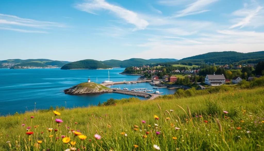 Picturesque four-season landscape of Västervik, Sweden. In the foreground, a vibrant meadow with wildflowers sways gently in a soft breeze. In the middle ground, a quaint fishing village nestled along the rocky coastline, its charming wooden houses and boats reflected in the calm, azure waters. Behind, rolling hills dotted with verdant forests gradually give way to a clear, azure sky with wispy clouds. Showcase the region's distinct seasonal changes - from the lush greens of summer, the brilliant fall foliage, the snowy winters, to the gentle blooms of spring. Capture the picturesque beauty and serene atmosphere of this coastal Swedish town through a crisp, cinematic lens.
