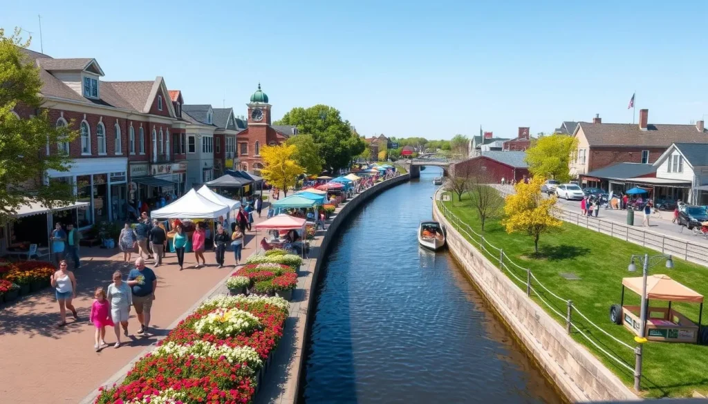 Pittsford, New York in the springtime, with vibrant blooming flowers lining the streets and the historic Erie Canal as the focal point. People strolling along the waterfront, enjoying the warm sunshine and the lively atmosphere of the annual festival. Colorful tents and booths selling local crafts, artisanal foods, and live music filling the air. Families gathering for fun activities, like boat rides and picnicking on the grassy banks. A high-angle shot capturing the bustling energy and community spirit of this picturesque town's beloved annual celebration.