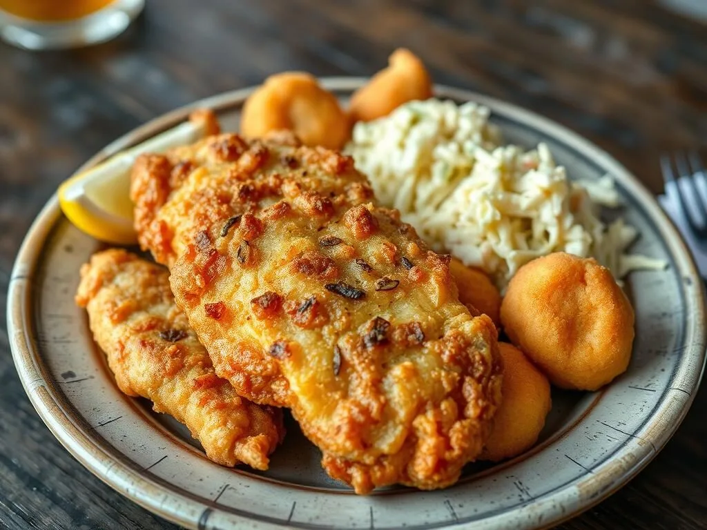 Plate of fried crappie with hushpuppies and coleslaw at Blue Bank Fish House