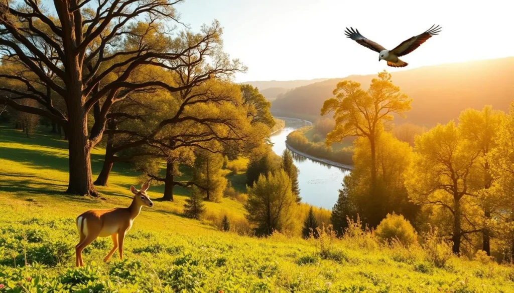 Podyji National Park wildlife: a serene landscape bathed in warm, golden sunlight. In the foreground, a graceful roe deer emerges from the lush, verdant undergrowth, its watchful gaze surveying the tranquil scene. Towering, ancient oak trees line the middle ground, their branches casting gentle shadows across the forest floor. In the distance, a winding river glimmers, its banks dotted with vibrant wildflowers. Overhead, a majestic bird of prey soars effortlessly, its wings spread wide against the brilliant azure sky. The overall atmosphere evokes a sense of harmony and unspoiled natural beauty, capturing the essence of Podyji National Park's diverse wildlife and captivating landscapes.