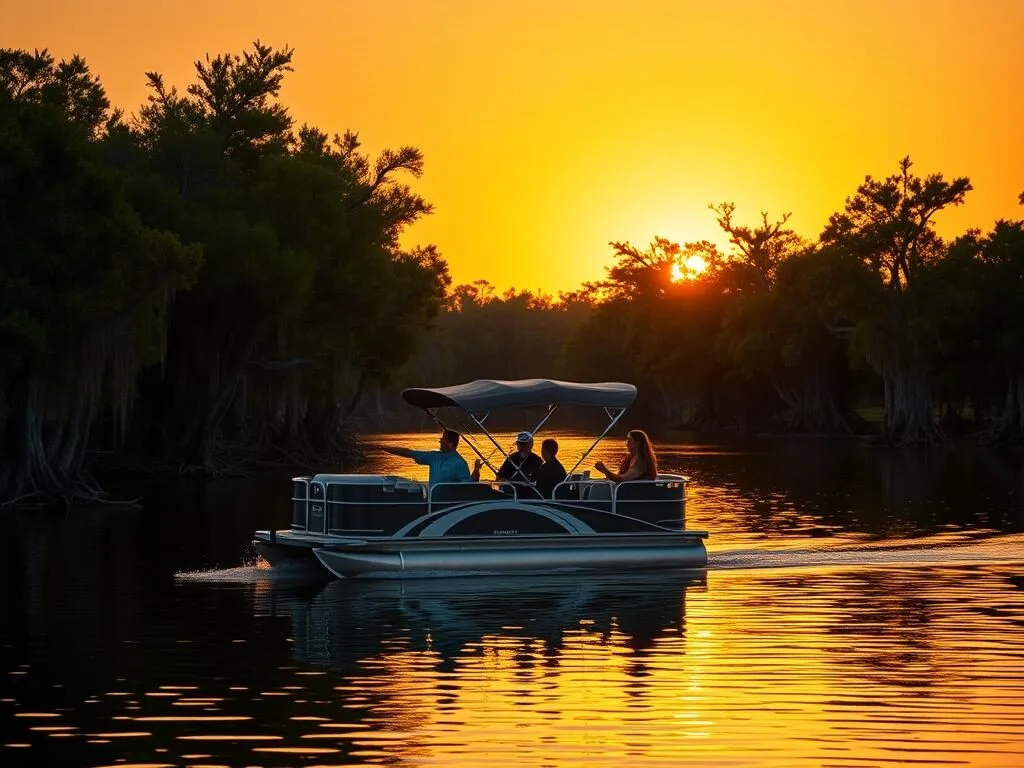 Pontoon boat cruise through cypress trees on Reelfoot Lake at sunset