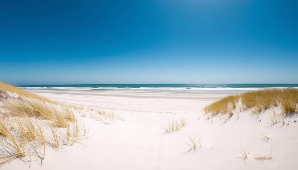 Pristine beach on Assateague Island Maryland with dunes and ocean view