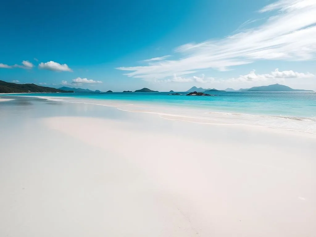 Pristine beach on Kohama Island with clear water and view of mountains Pristine beach on Kohama Island with clear water and view of mountains
