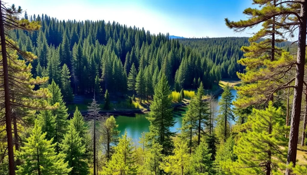 Pristine forest and lake landscape in Losiny Ostrov National Park on a sunny day