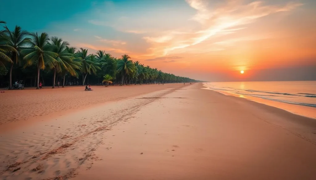 Pristine shoreline of Parki Beach with casuarina trees and golden sands