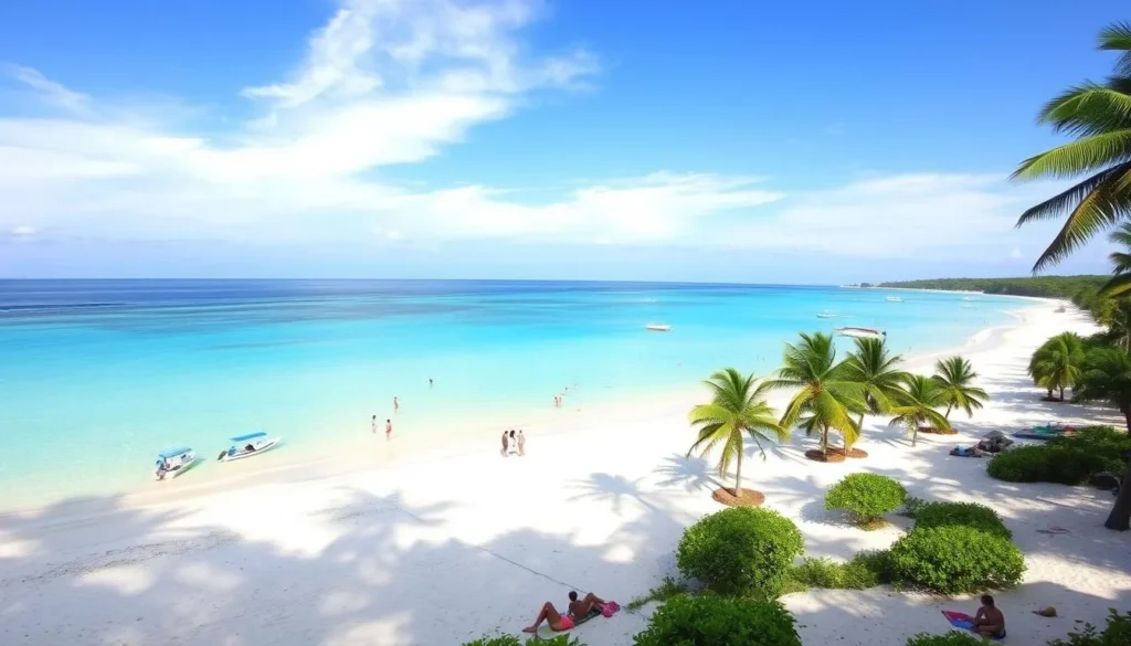 Pristine white sand beach with palm trees at Kaputian Beach in Samal Island Philippines Pristine white sand beach with palm trees at Kaputian Beach in Samal Island Philippines
