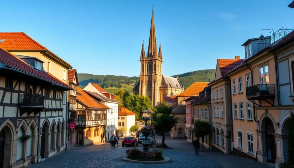 Prostejov's historic city center, bathed in warm afternoon light, invites exploration. In the foreground, cobblestone streets wind past charming Renaissance and Baroque facades, their intricate details catching the sun's gentle glow. At the center, the towering Gothic St. Bartholomew's Cathedral stands tall, its spires reaching skyward. In the background, lush green hills and a clear azure sky create a picturesque Moravian landscape. The scene exudes a sense of timeless beauty and tranquility, capturing the essence of Prostejov's hidden gems waiting to be discovered.
