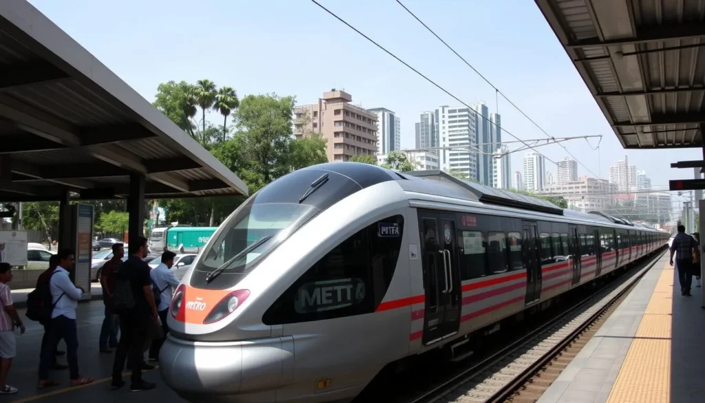 Pune Metro train passing through the city with passengers waiting at a modern station Pune Metro train passing through the city with passengers waiting at a modern station