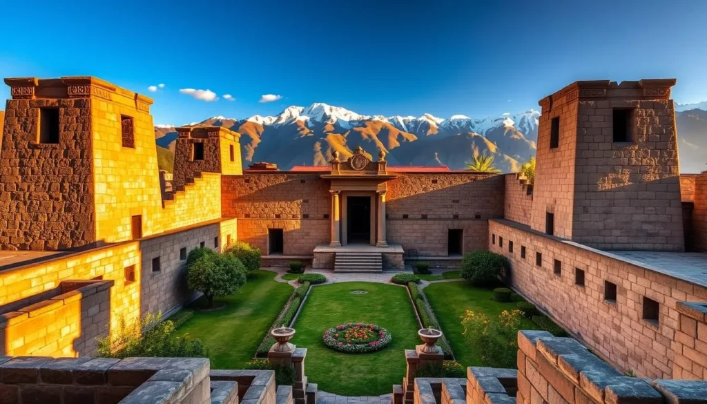 Qorikancha, the Golden Temple of the Sun, stands majestically in Cusco, Peru. A warm, golden light bathes the intricate Inca stonework, casting long shadows that accentuate the temple's architectural details. Towering stone walls surround a central courtyard, where lush greenery and vibrant flowers contrast against the earthy tones. In the distance, the snow-capped Andes mountains rise, creating a breathtaking backdrop. The scene evokes a sense of timeless wonder, a testament to the ingenuity and spirituality of the Inca civilization. Capture this iconic landmark in all its splendor, showcasing the harmonious blend of nature and ancient architecture that defines the heart of Cusco.