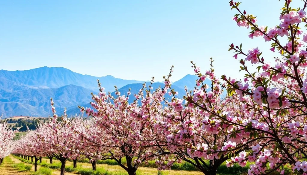 Quetta's landscape in spring with blooming fruit trees and mountains in the background