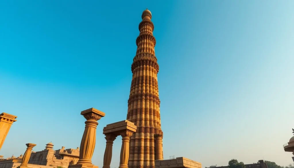 Qutub Minar tower rising against blue sky with ancient ruins in the foreground Qutub Minar tower rising against blue sky with ancient ruins in the foreground