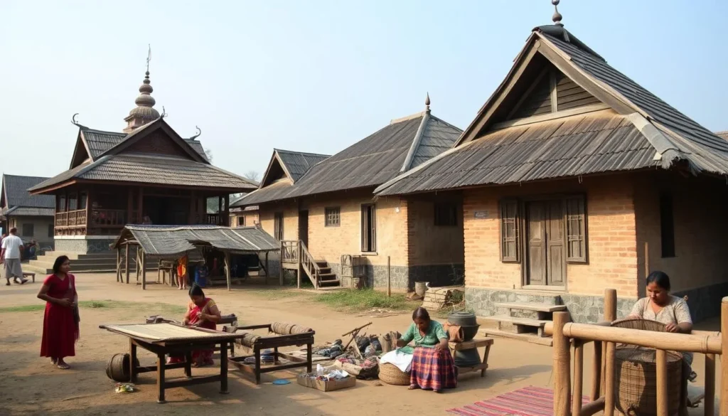 Rakhine cultural village in Kuakata showing traditional houses, Buddhist temple, and local craftspeople at work