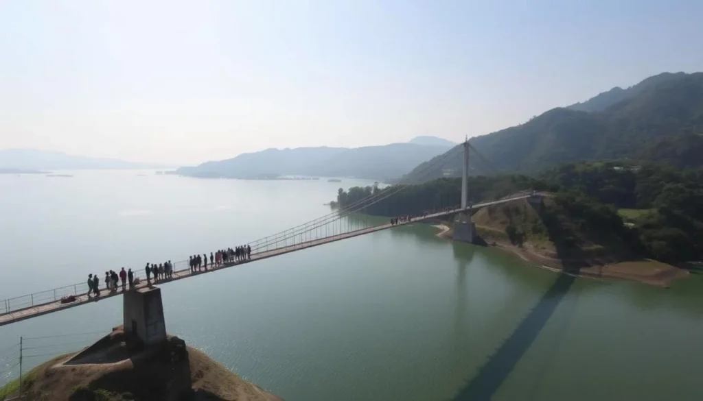 Rangamati Hanging Bridge over Kaptai Lake with people crossing