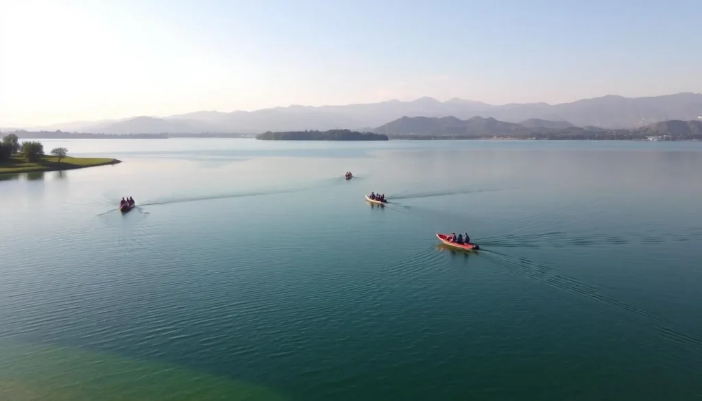 Rawal Lake in Islamabad with boats and mountains in the background