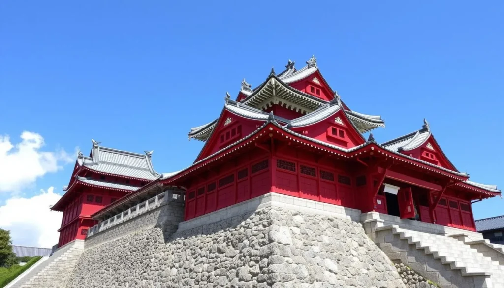 Reconstructed Shuri Castle with its distinctive red architecture and stone walls Reconstructed Shuri Castle with its distinctive red architecture and stone walls