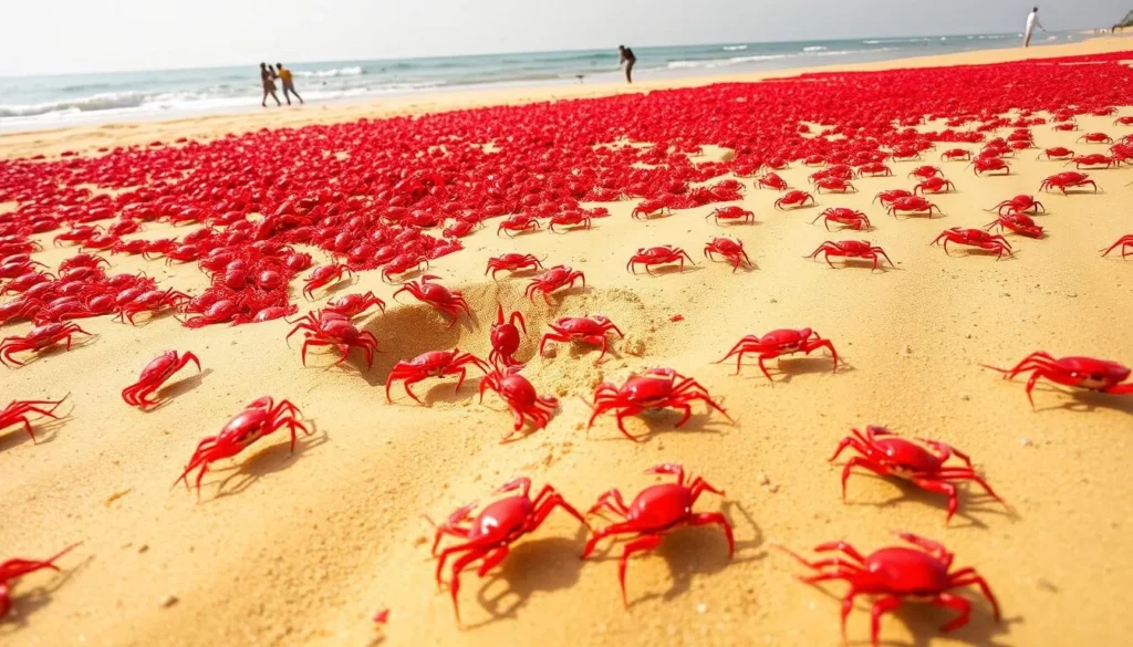 Red Crab Island with thousands of bright red crabs scurrying across the golden sand