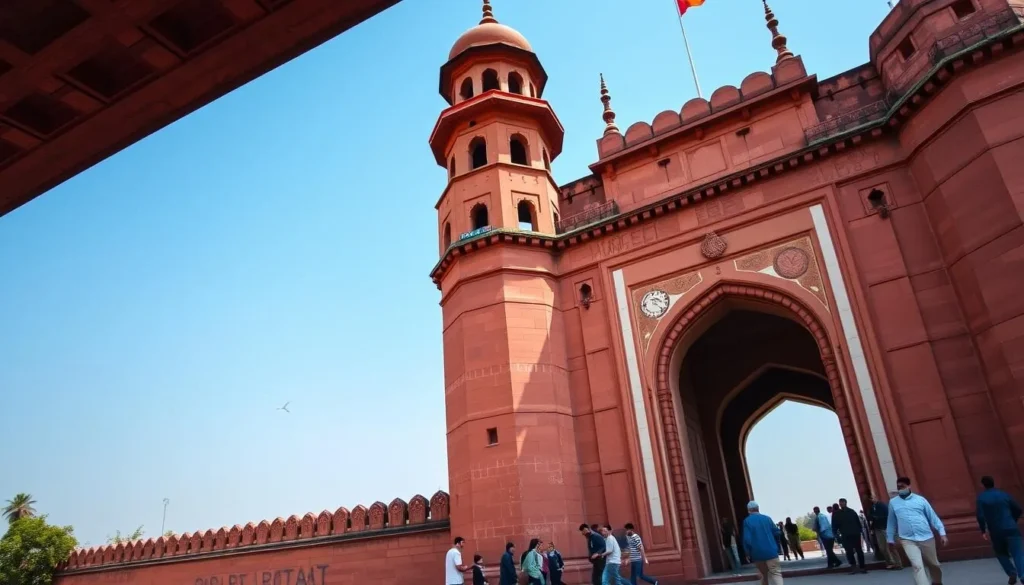 Red Fort's impressive red sandstone walls and entrance gate with tourists walking through Red Fort's impressive red sandstone walls and entrance gate with tourists walking through