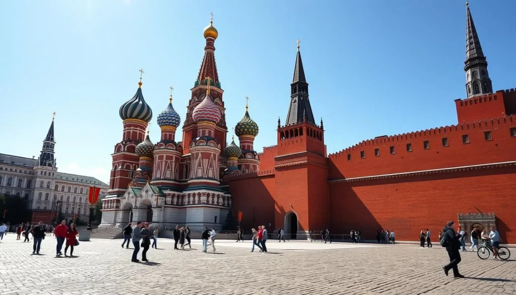 Red Square in Moscow with St. Basil's Cathedral and Kremlin walls on a clear day Red Square in Moscow with St. Basil's Cathedral and Kremlin walls on a clear day