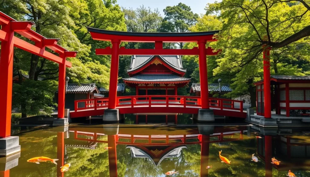 Red torii gates and bridge at Tsurugaoka Hachimangu Shrine with traditional architecture Red torii gates and bridge at Tsurugaoka Hachimangu Shrine with traditional architecture
