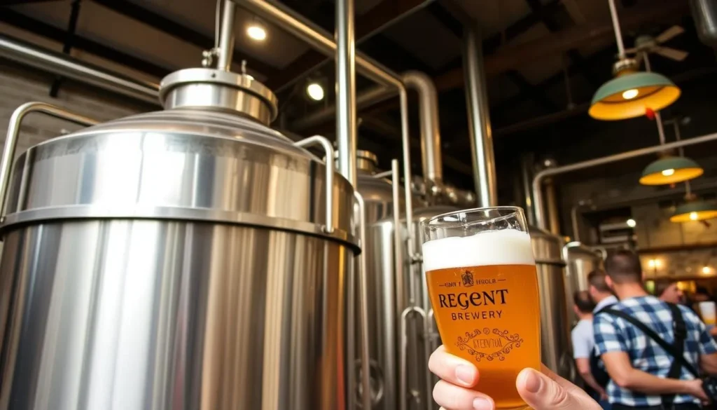 Regent Brewery in Trebon, Czechia, with a large brewing tank in the foreground and a glass of beer in the hand of a visitor.