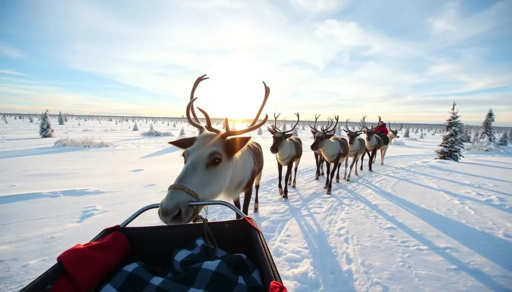Reindeer sleigh ride in Levi, Finland, with a beautiful snowy landscape