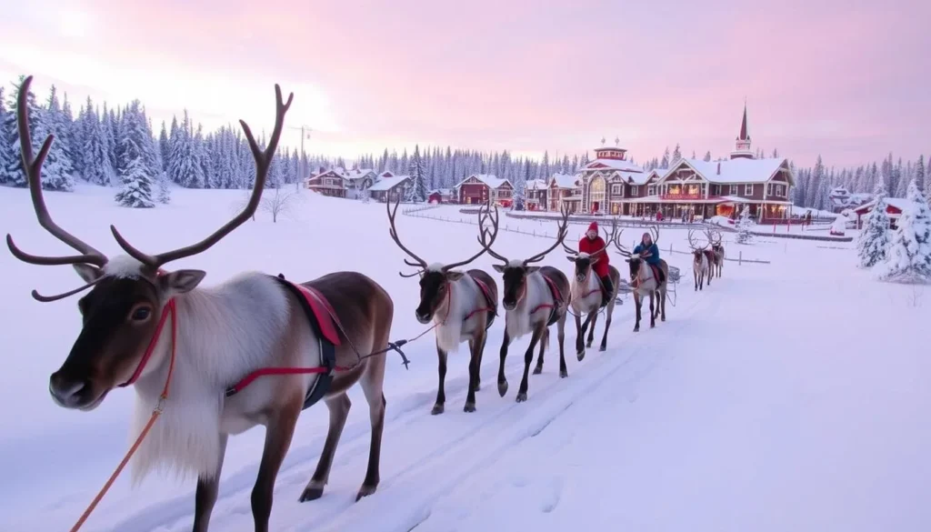 Reindeer sleigh ride in snowy Lapland with Santa Claus Village in the background